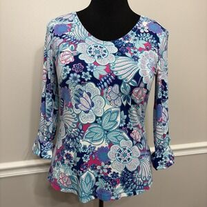 T by Talbots Top Womens MP Petite Medium Blue Floral Print 3/4 Sleeve UPF 50+